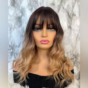 16 Inch ombre Brown To Honey Blonde wave Short Wig for Daily Use Natural